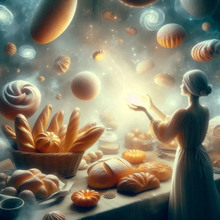 Dreamy bakery scene with floating pastries and glowing bread symbolizing subconscious messages.