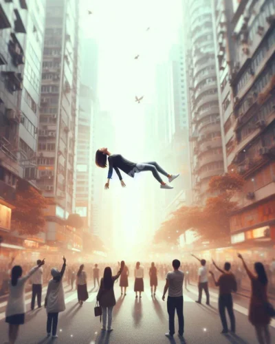 Person flying over crowded city street, onlookers pointing, dreamlike scene representing freedom and attention.