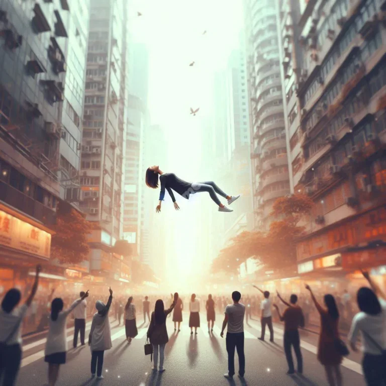 Person flying over crowded city street, onlookers pointing, dreamlike scene representing freedom and attention.