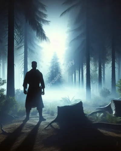 Person confronting shadowy chaser in misty forest, symbolizing facing fears in chase dreams.