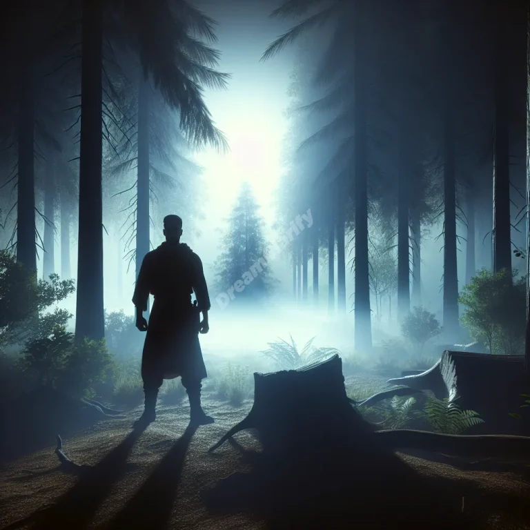 Person confronting shadowy chaser in misty forest, symbolizing facing fears in chase dreams.