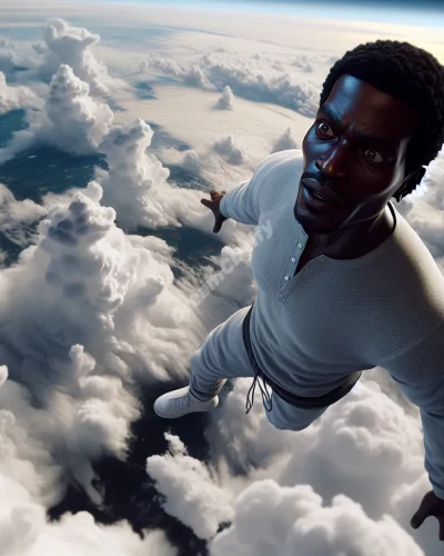 Person flying high above clouds, earth visible below, depicting dreams of flying too high.