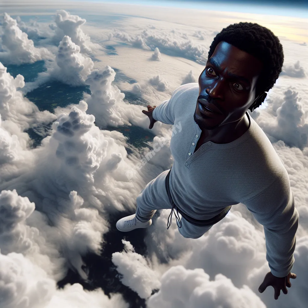 Person flying high above clouds, earth visible below, depicting dreams of flying too high.