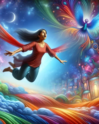 Person flying without wings over a vibrant dreamscape, symbolizing freedom and self-reliance in dreams.