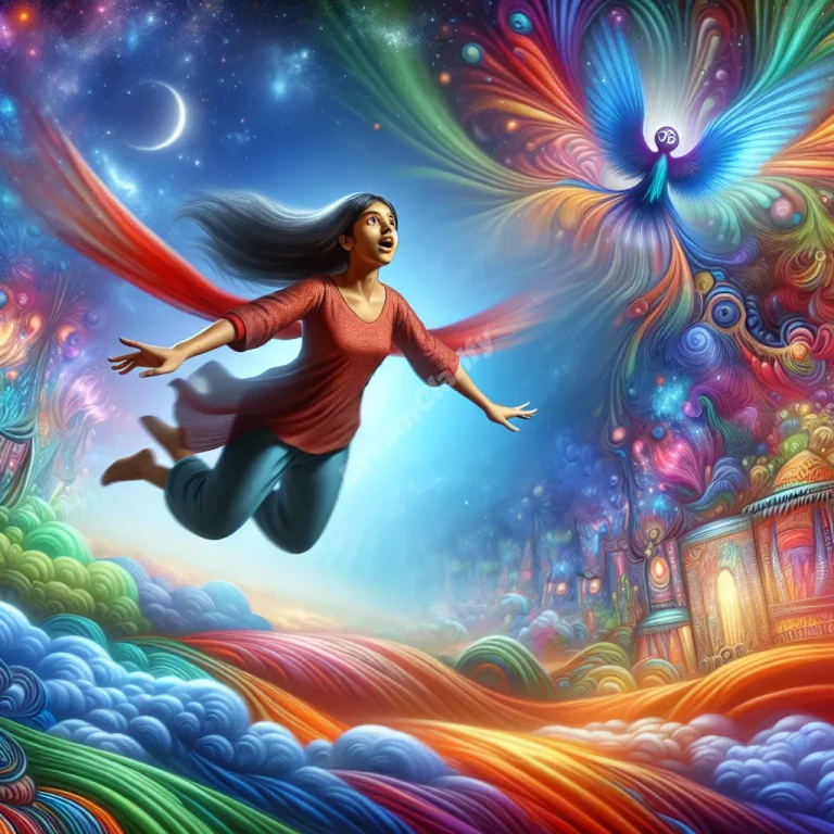 Person flying without wings over a vibrant dreamscape, symbolizing freedom and self-reliance in dreams.