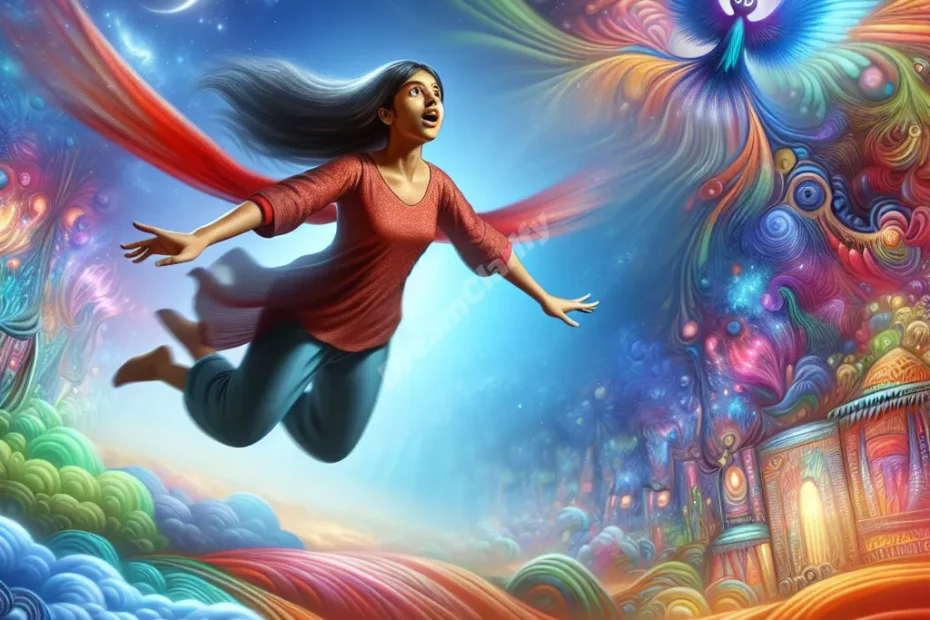 Person flying without wings over a vibrant dreamscape, symbolizing freedom and self-reliance in dreams.