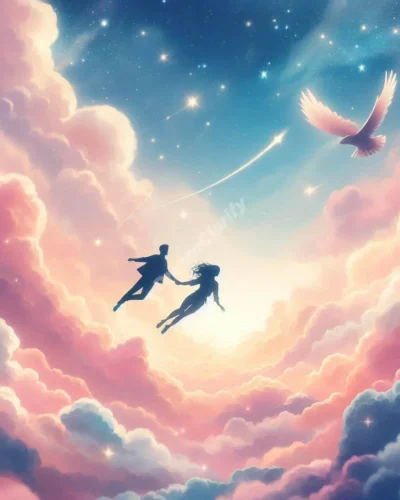 Two people flying together through a dreamy sky, symbolizing shared dreams and relationships.