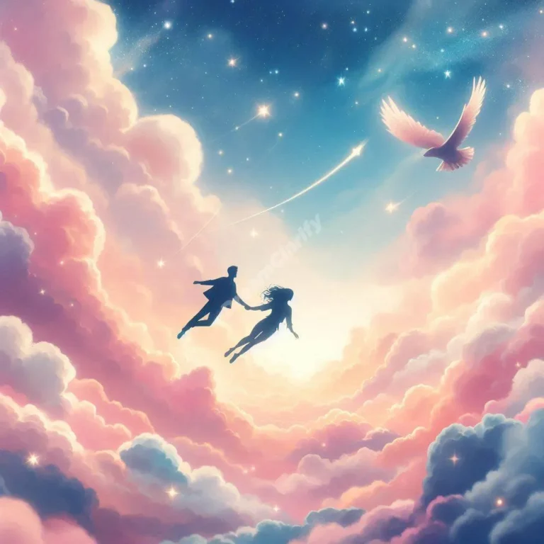 Two people flying together through a dreamy sky, symbolizing shared dreams and relationships.