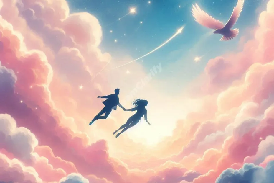 Two people flying together through a dreamy sky, symbolizing shared dreams and relationships.