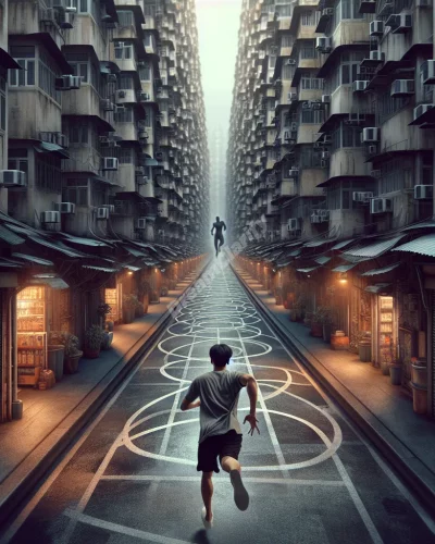 Person running through looping city streets, chased by shadowy figure in recurring nightmare.