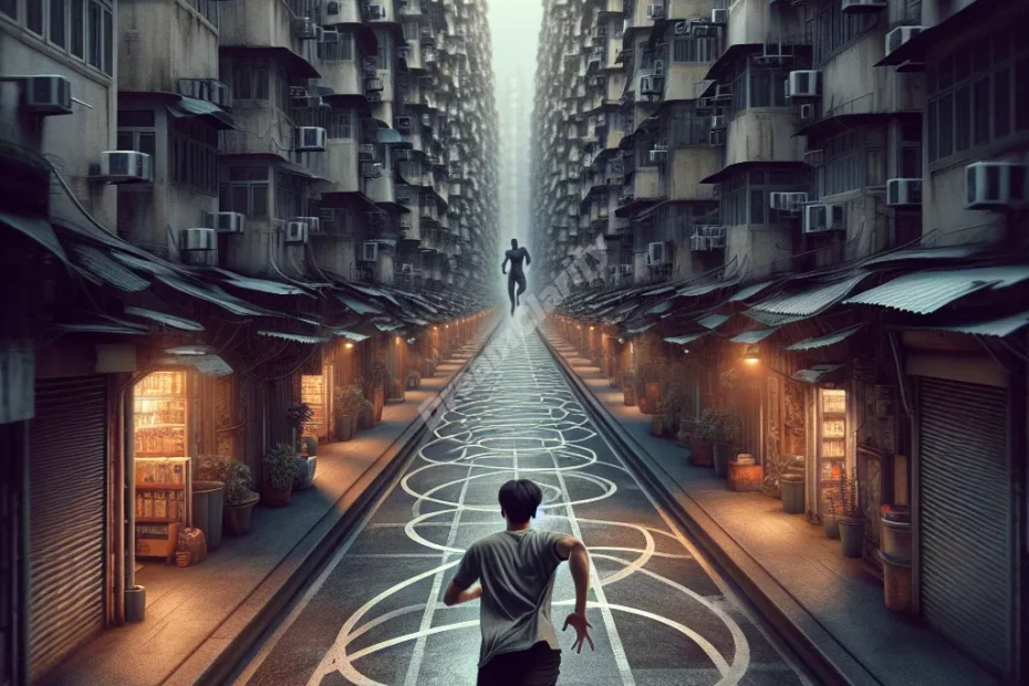 Person running through looping city streets, chased by shadowy figure in recurring nightmare.