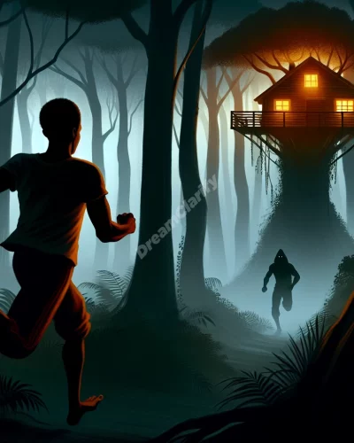 Person fleeing through misty forest towards illuminated treehouse, symbolizing chase dreams and safe havens.