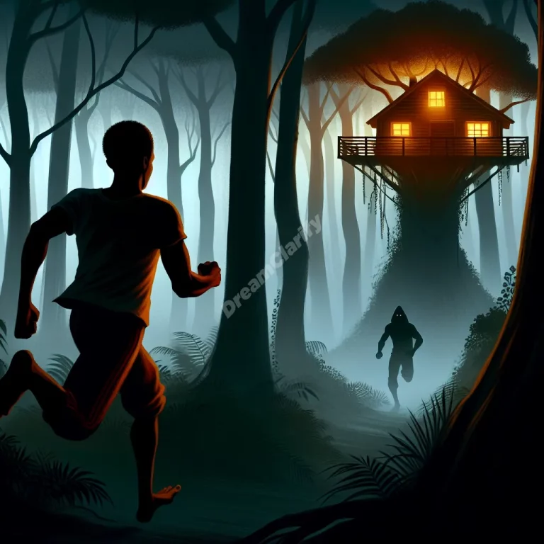 Person fleeing through misty forest towards illuminated treehouse, symbolizing chase dreams and safe havens.