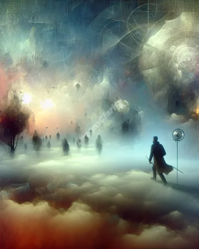 Shadowy figure chasing person in dreamlike landscape with floating memories, representing dreams of deceased pursuers.