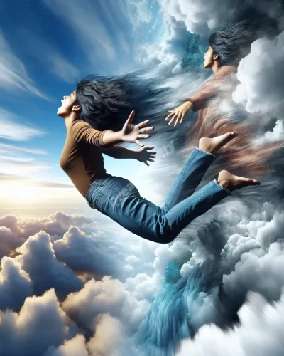 Person flying and falling through clouds, depicting the contrasting emotions in falling while flying dreams.