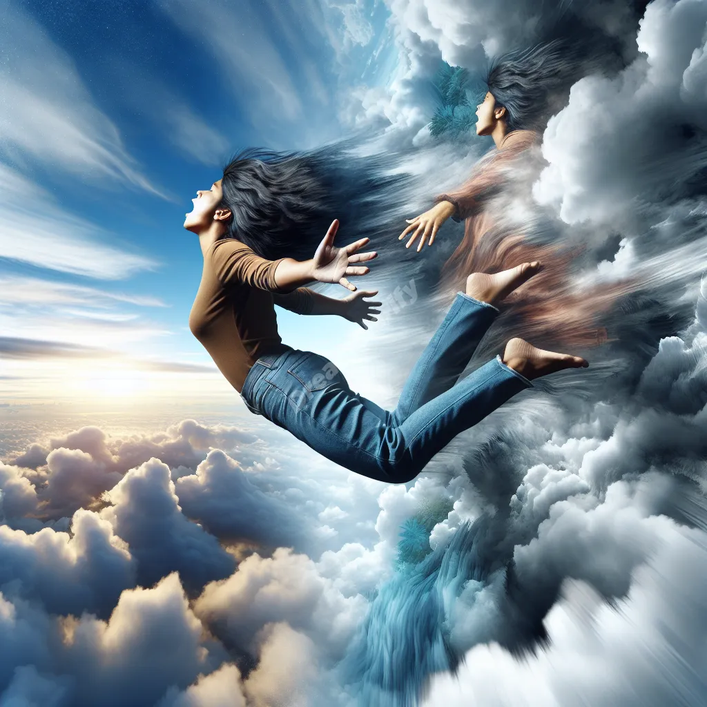 Person flying and falling through clouds, depicting the contrasting emotions in falling while flying dreams.