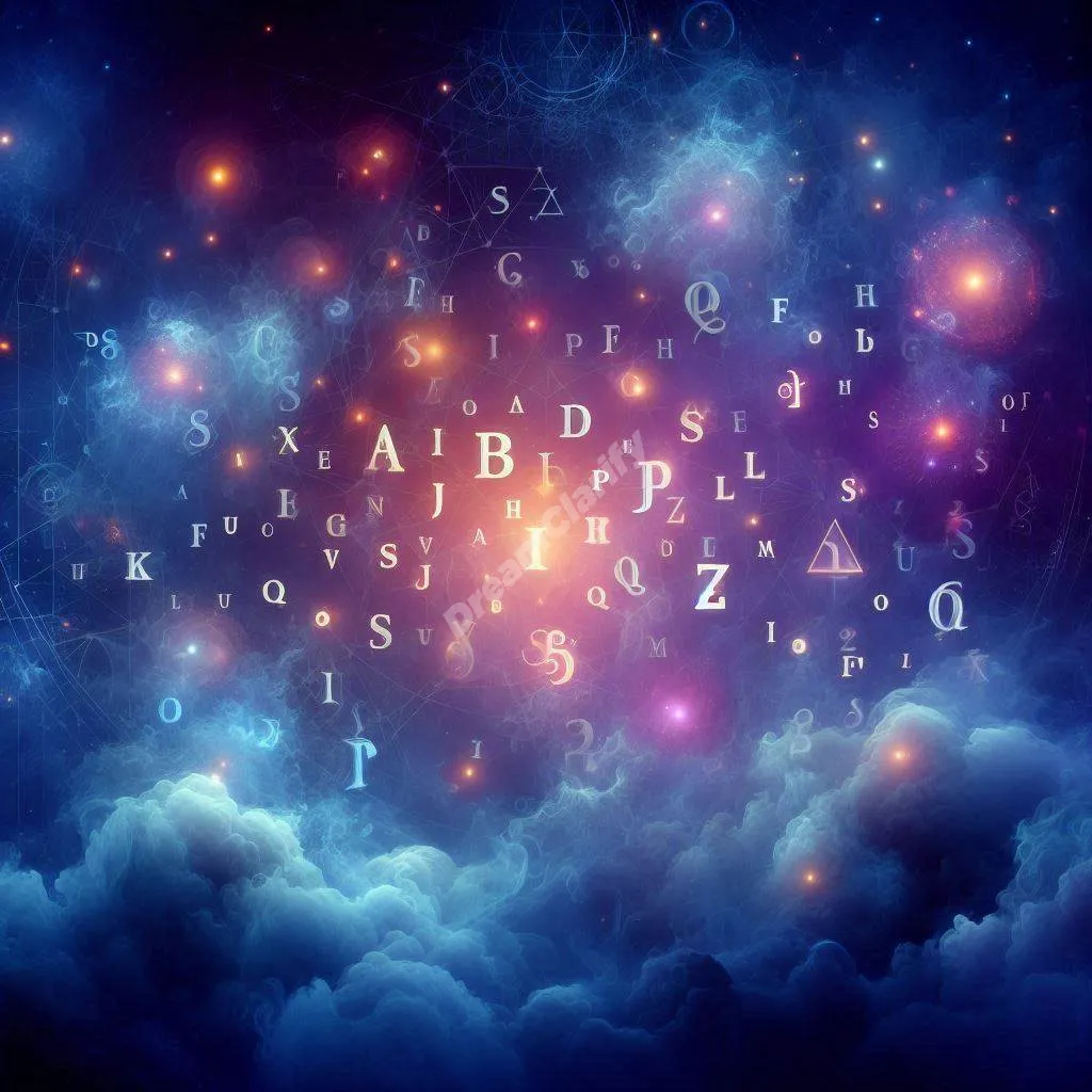 Mystical floating letters and abbreviations in ethereal dreamscape symbolize subconscious messages and dream interpretation.