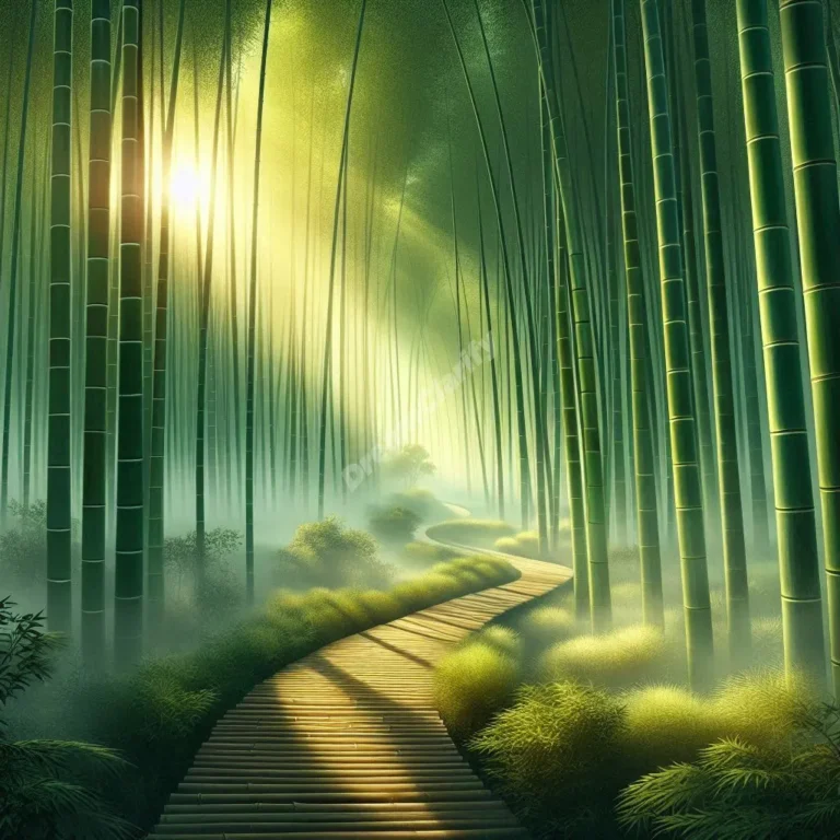 Mystical bamboo forest dream scene with sunlit path and morning mist, symbolizing spiritual journey.
