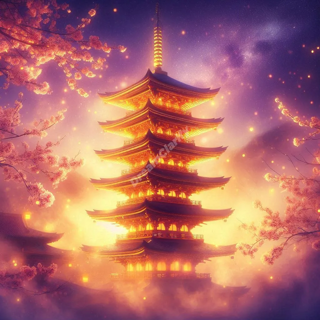 Mystical Asian pagoda glowing at twilight, surrounded by cherry blossoms and stars