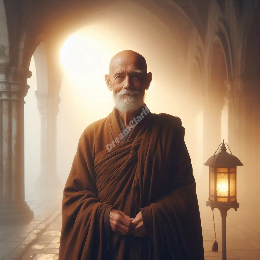 Wise abbot in mystical monastery courtyard, representing spiritual dream guidance and inner wisdom