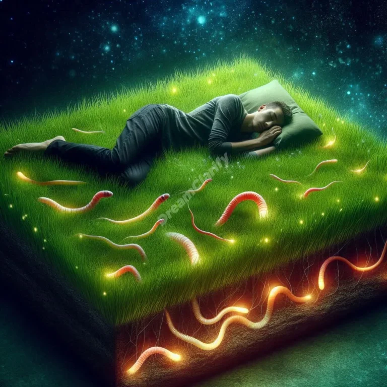 Dreamer on grass bed with glowing earthworms beneath, representing hidden insights in earthworm dreams.