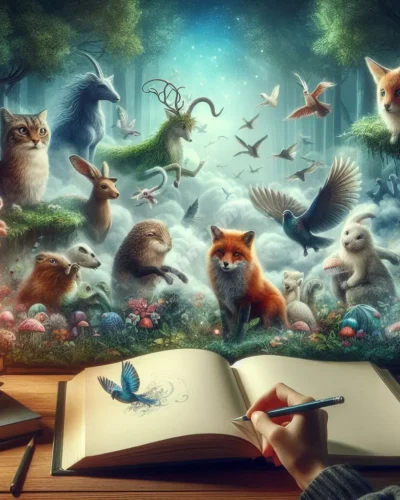 Enchanted forest with fable animals surrounding a glowing storybook, representing dream interpretation of fables.