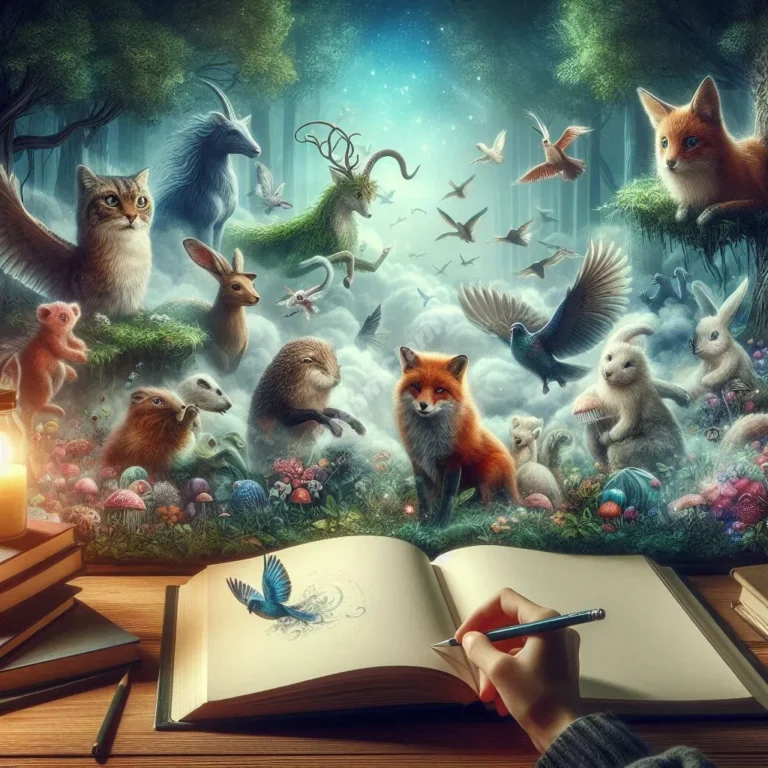 Enchanted forest with fable animals surrounding a glowing storybook, representing dream interpretation of fables.
