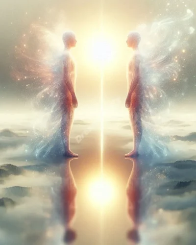 Identical twin figures in dreamy landscape, symbolizing self-reflection and duality in identical twin dreams.