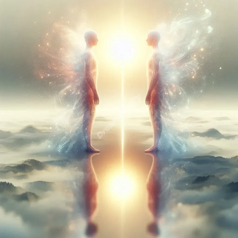 Identical twin figures in dreamy landscape, symbolizing self-reflection and duality in identical twin dreams.