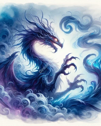 Mystical Jabberwocky creature with glowing eyes emerging from dream-like mist, combining dragon and bird features.