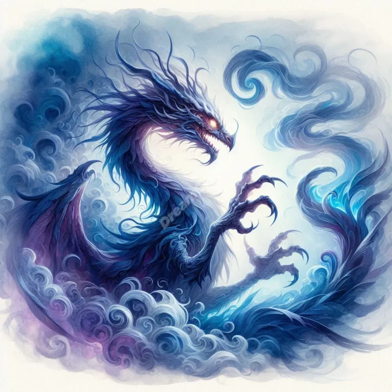 Mystical Jabberwocky creature with glowing eyes emerging from dream-like mist, combining dragon and bird features.