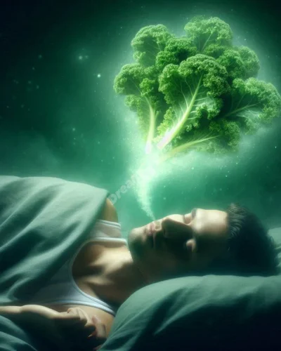 Dreamer surrounded by glowing kale leaves, symbolizing health and personal growth in dreams.