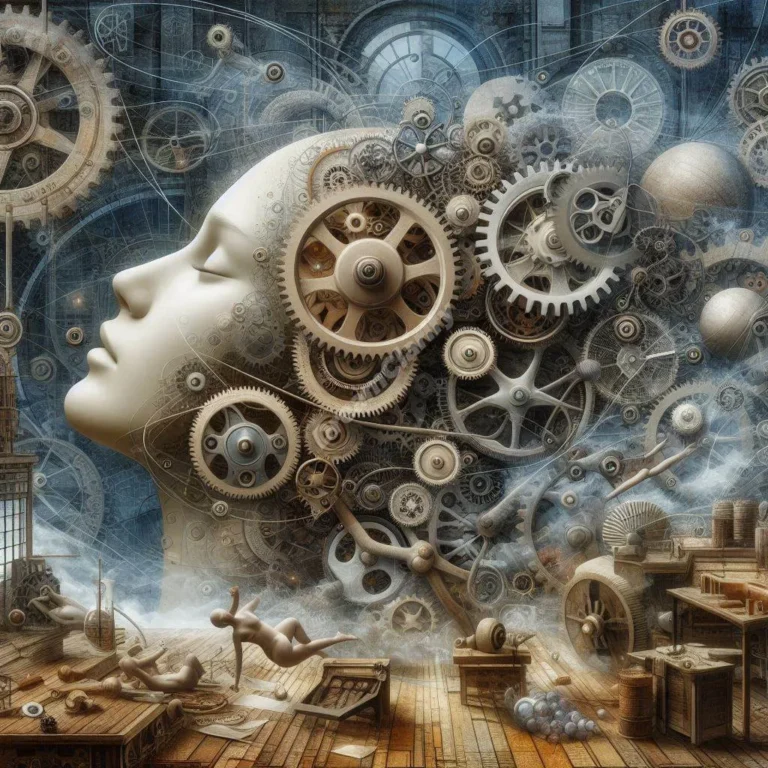 Dreamy machinist workshop with floating gears and tools, representing the symbolism of precision and creativity in dreams.