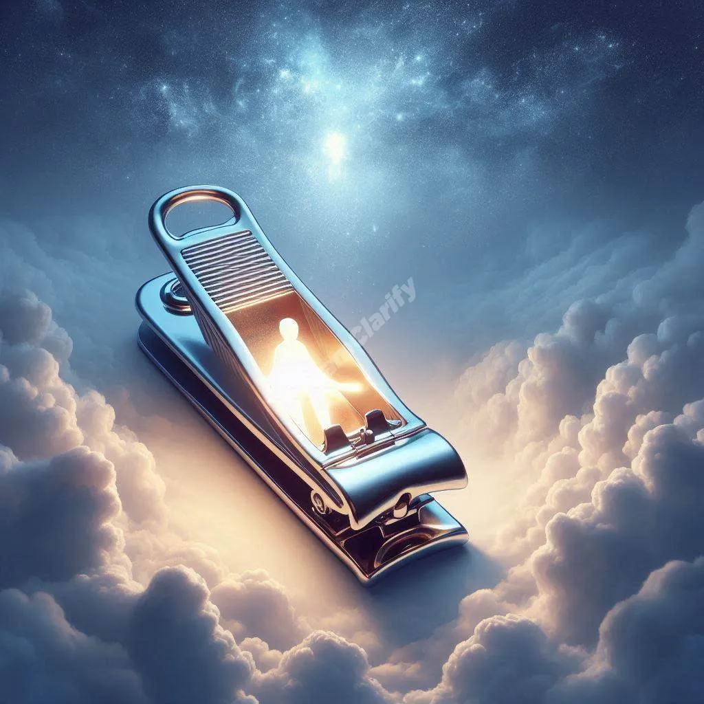 Giant nail clipper in cloudy sky, symbolizing personal growth in nail clipper dreams.