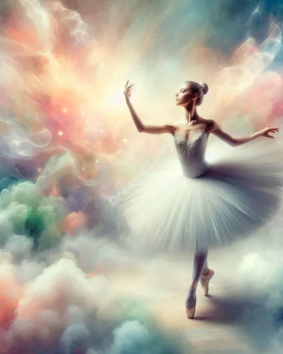 Ethereal ballerina dancing on misty stage, surrounded by dreamy pastel swirls, symbolizing grace in dreams.