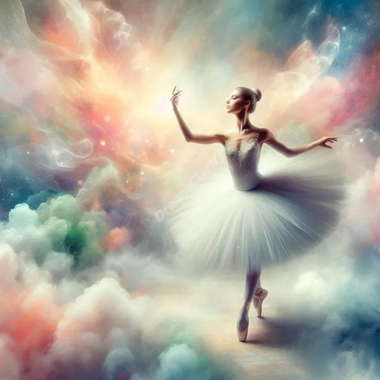 Ethereal ballerina dancing on misty stage, surrounded by dreamy pastel swirls, symbolizing grace in dreams.