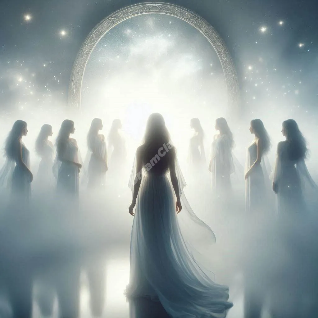 Dream identity exploration: person faces mirror showing multiple spiritual reflections, symbolic self-discovery journey