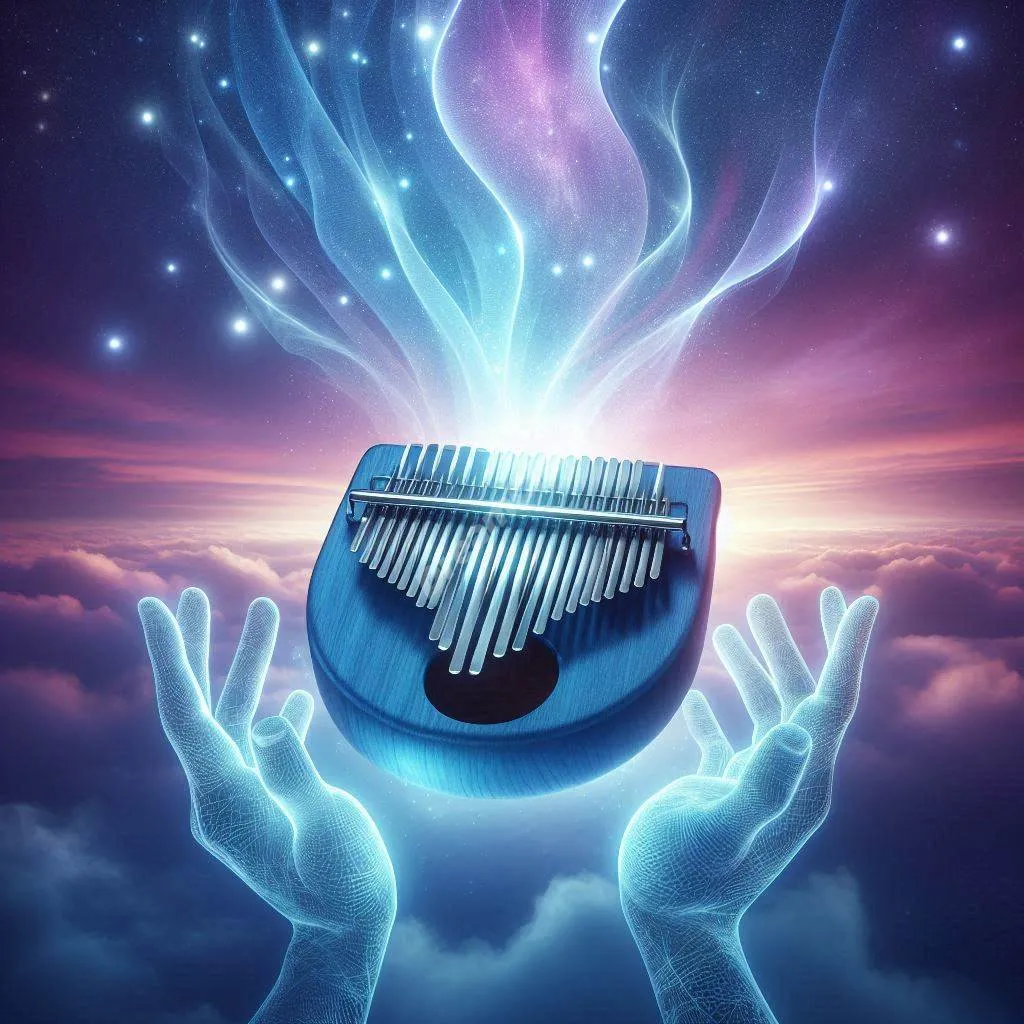 Ethereal kalimba floating in starlit sky, emitting magical sound waves, representing spiritual dream symbolism.