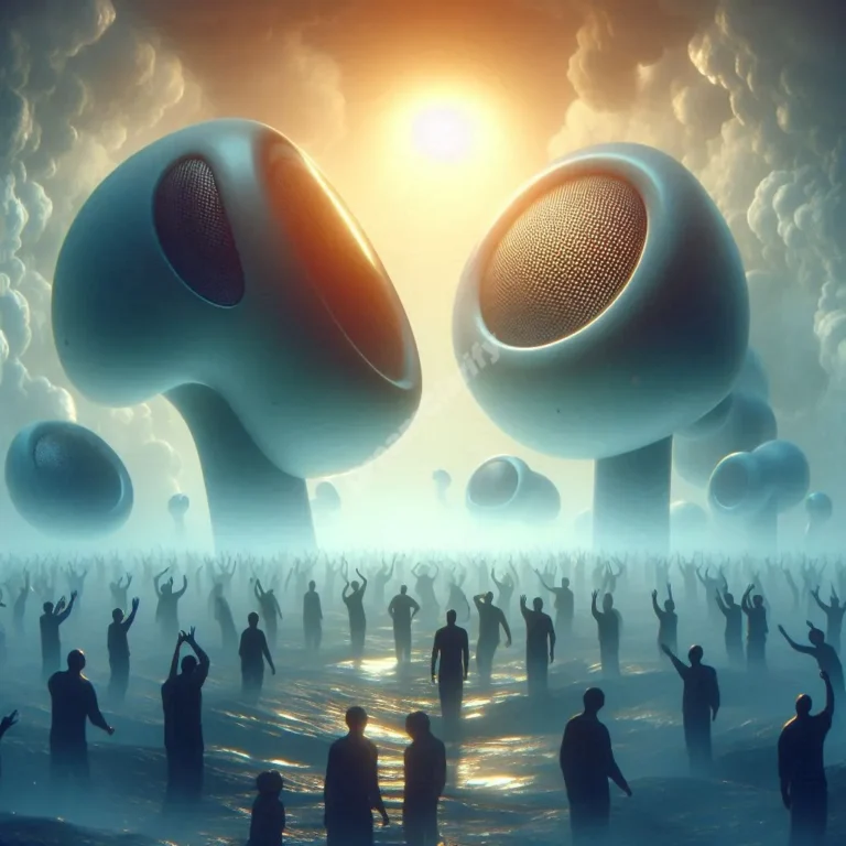 Dreamy landscape with floating earbuds, symbolizing connection and isolation in earbud dreams.