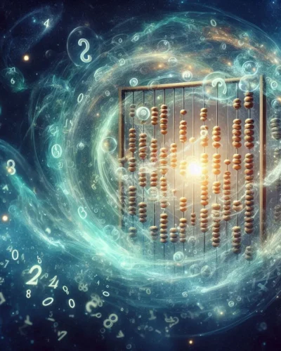Dreamy abacus floating in starry sky, symbolizing subconscious calculation and problem-solving in dreams.