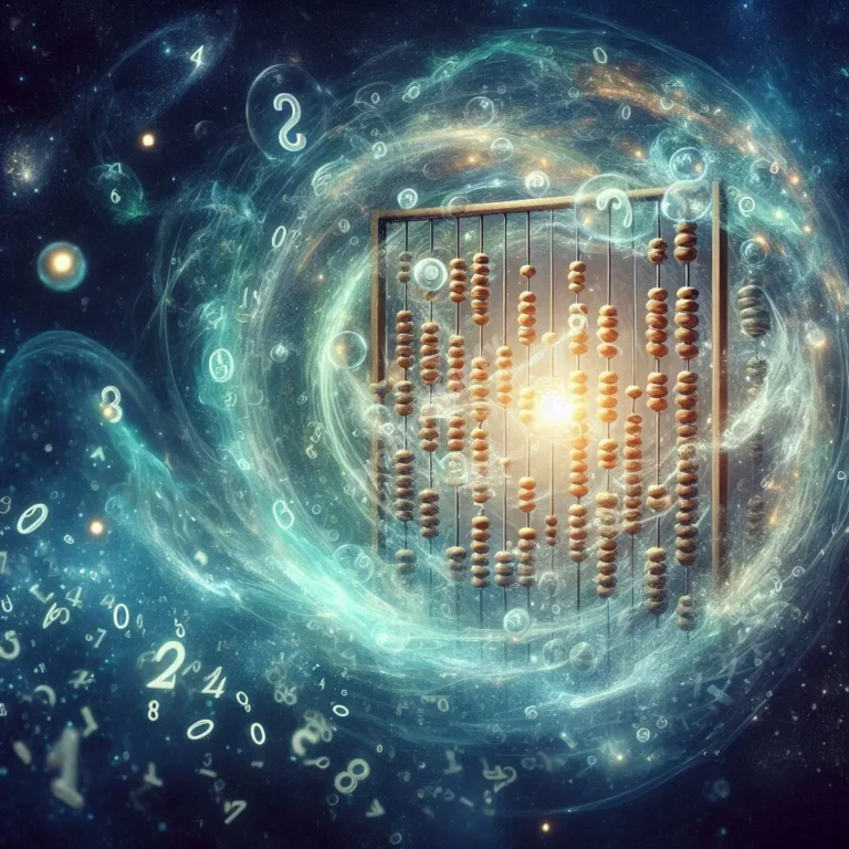 Dreamy abacus floating in starry sky, symbolizing subconscious calculation and problem-solving in dreams.