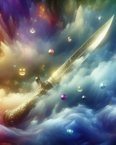 Mystical dagger floating in a dreamy landscape, symbolizing the complex meanings of dagger dreams.