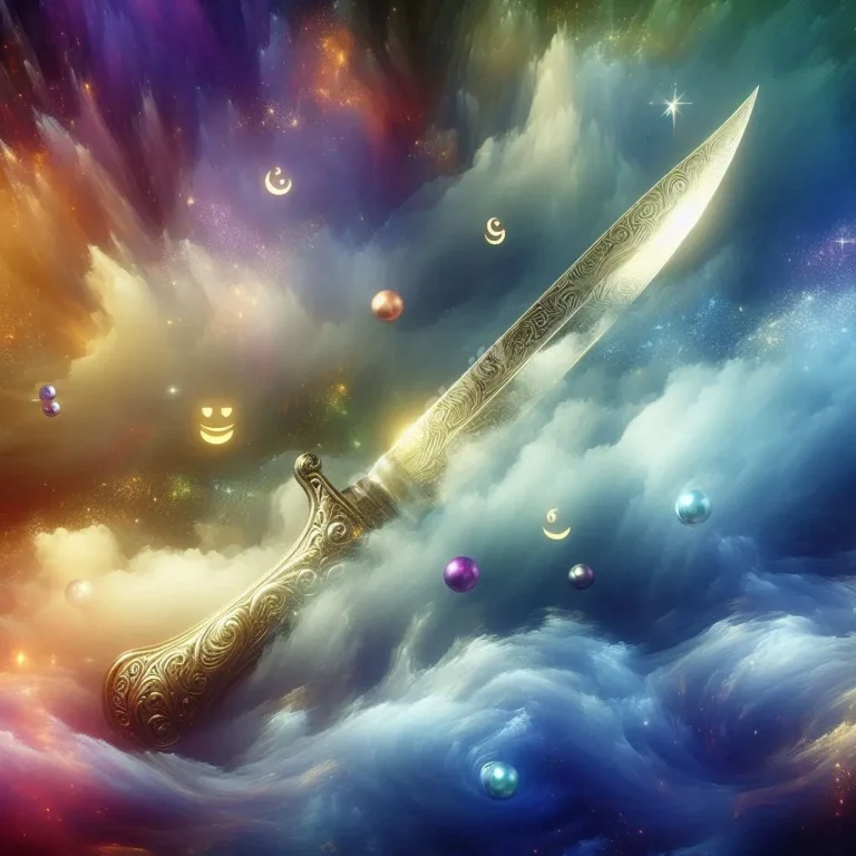 Mystical dagger floating in a dreamy landscape, symbolizing the complex meanings of dagger dreams.