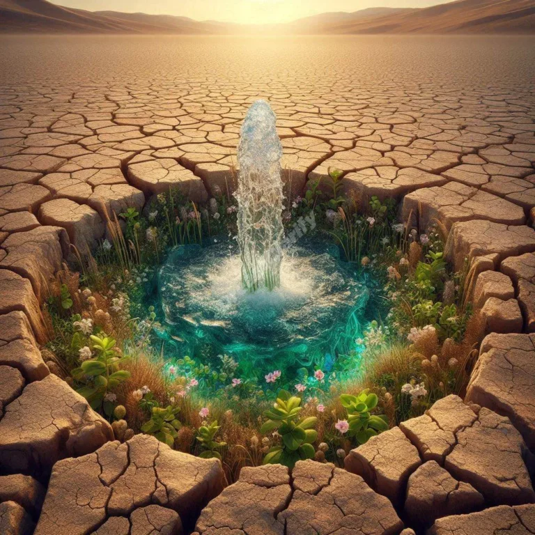 A serene oasis spring emerges from parched desert ground, surrounded by vibrant vegetation.