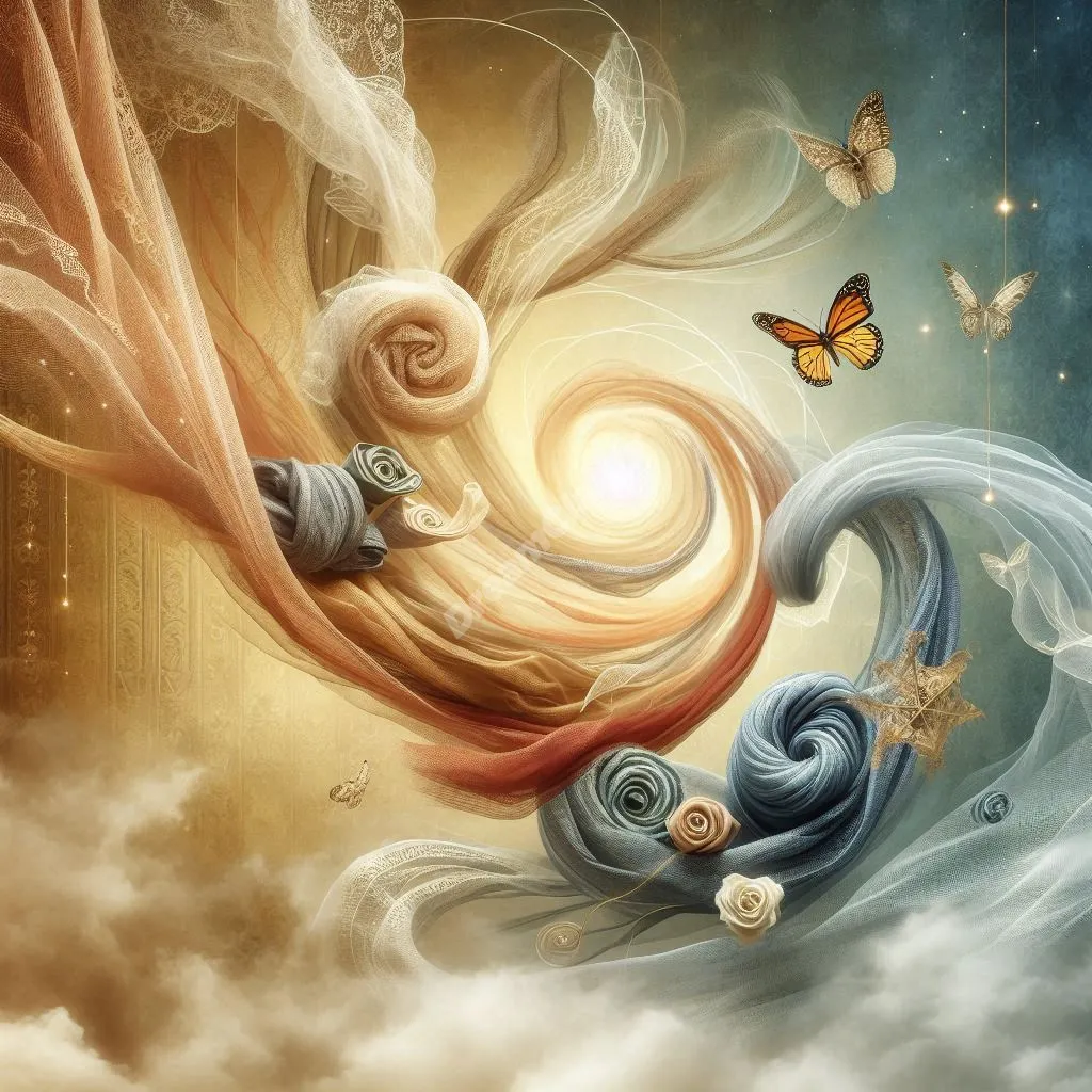 Ethereal dream scene with flowing fabrics in various textures, symbolizing spiritual transformation and self-discovery.