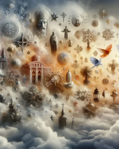 Dreamscape with floating icons: religious symbols, cultural figures, and everyday objects in surreal forms.