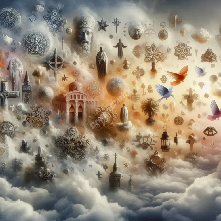 Dreamscape with floating icons: religious symbols, cultural figures, and everyday objects in surreal forms.