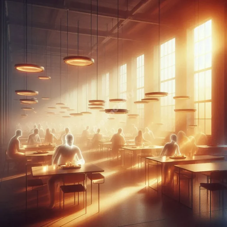 Dreamy cafeteria scene with ethereal figures sharing meals, symbolizing the spiritual and social aspects of cafeteria dreams.