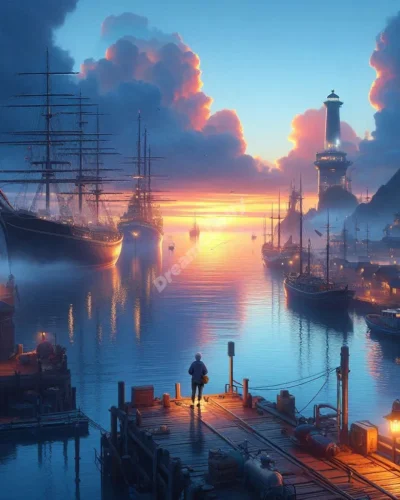 Dreamer overlooking a serene harbor with various ships, symbolizing life's journey and transitions.