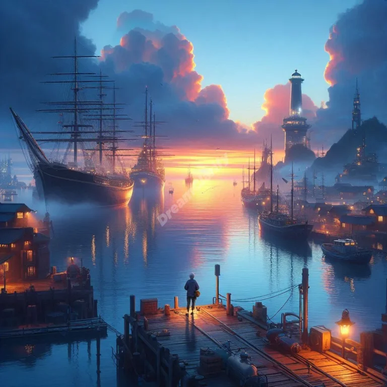 Dreamer overlooking a serene harbor with various ships, symbolizing life's journey and transitions.